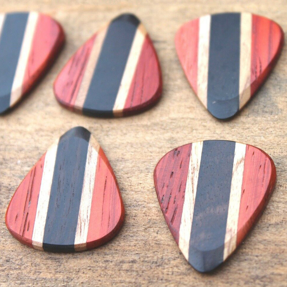 Padauk, Teak, & Ebony Wood Guitar Or Bass Pick - 3.0 mm Ultra Heavy Gauge - 351 Wedge Shape - Natural Finish Handmade Specialty Exotic Plectrum