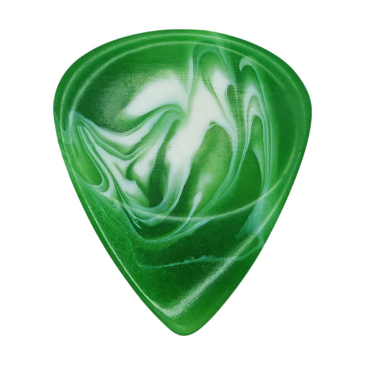 Green With White Swirls Resin Guitar Or Bass Pick - 3.0 mm Ultra Heavy Gauge - 351 Groove Shape - Polished Finish Hand Poured And Handmade Specialty Exotic Plectrum