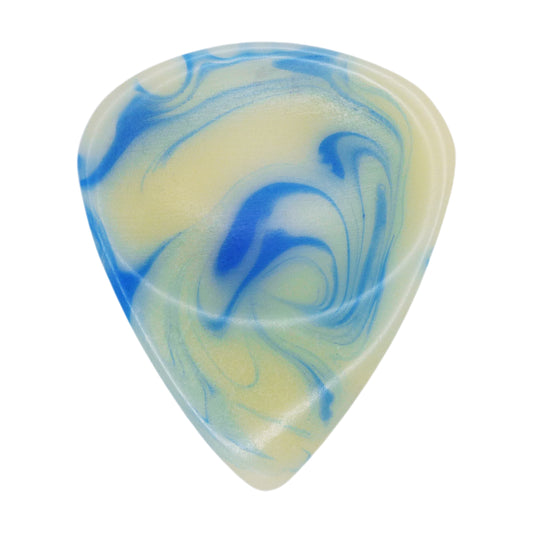 White With Light Blue Swirls Resin Guitar Or Bass Pick - 3.0 mm Ultra Heavy Gauge - 351 Groove Shape - Polished Finish Hand Poured And Handmade Specialty Exotic Plectrum