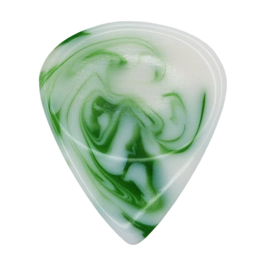 White With Green Swirls Resin Guitar Or Bass Pick - 3.0 mm Ultra Heavy Gauge - 351 Groove Shape - Polished Finish Hand Poured And Handmade Specialty Exotic Plectrum