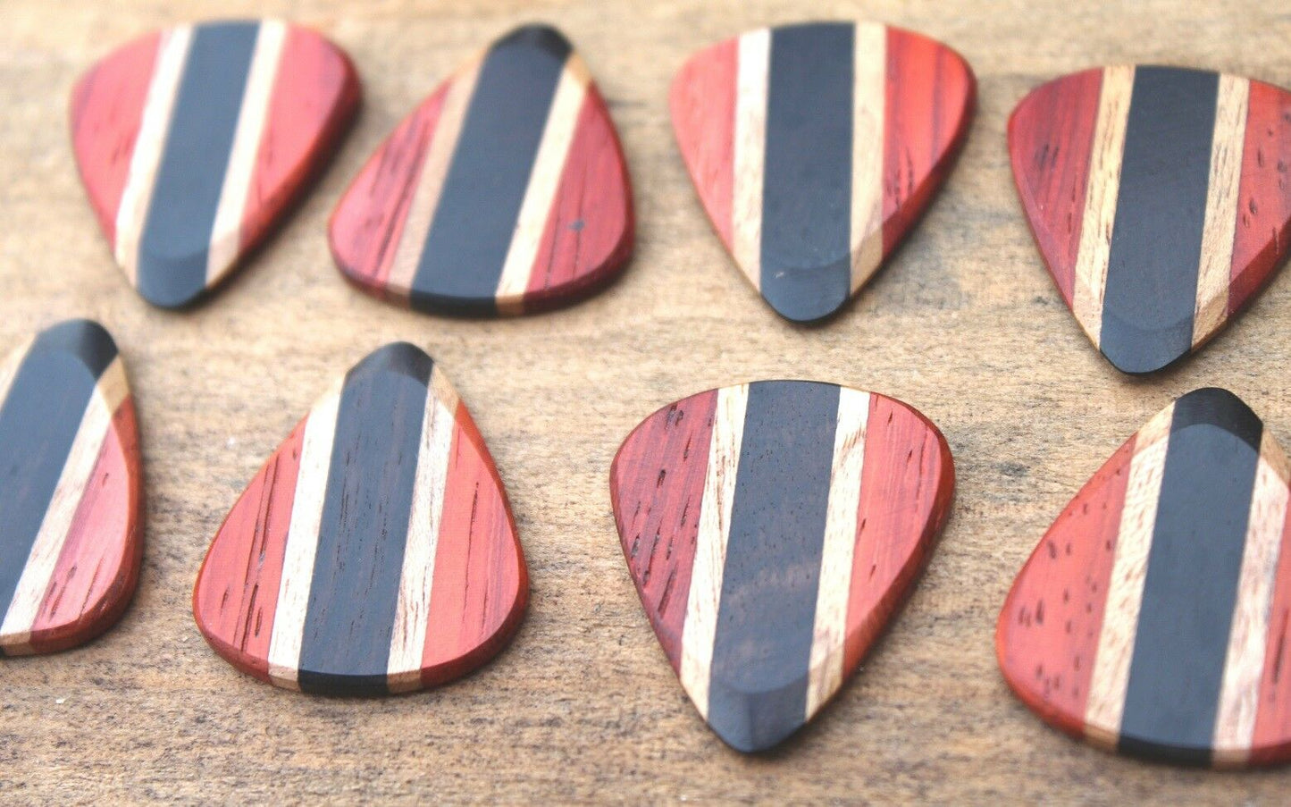 Padauk, Teak, & Ebony Wood Guitar Or Bass Pick - 3.0 mm Ultra Heavy Gauge - 351 Wedge Shape - Natural Finish Handmade Specialty Exotic Plectrum