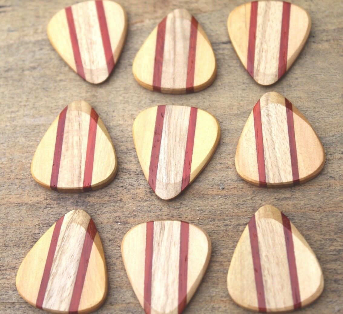 Maple, Padauk, & Teak Wood Guitar Or Bass Pick - 3.0 mm Ultra Heavy Gauge - 351 Wedge Shape - Natural Finish Handmade Specialty Exotic Plectrum